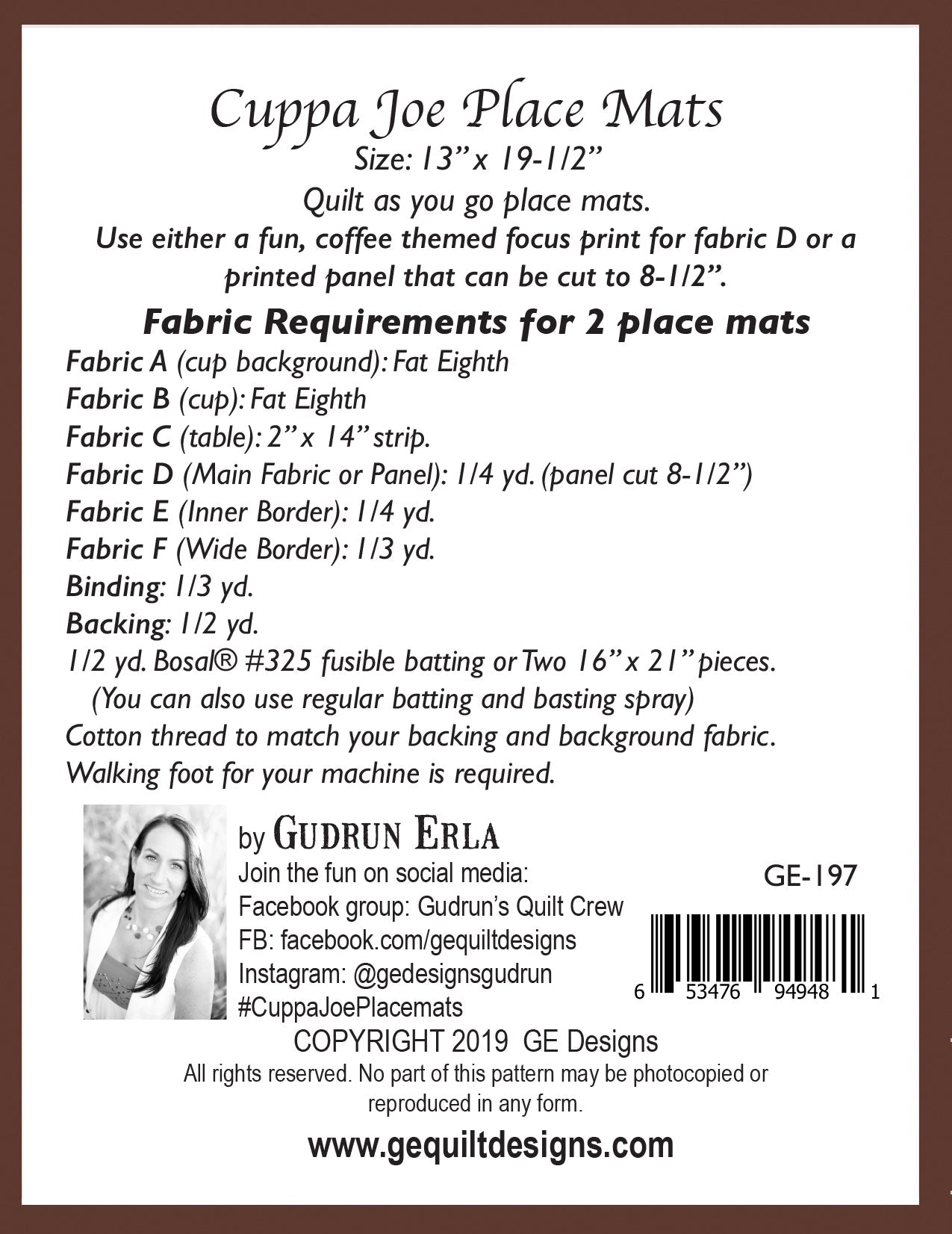 Cuppa Joe Placemat Pattern 197